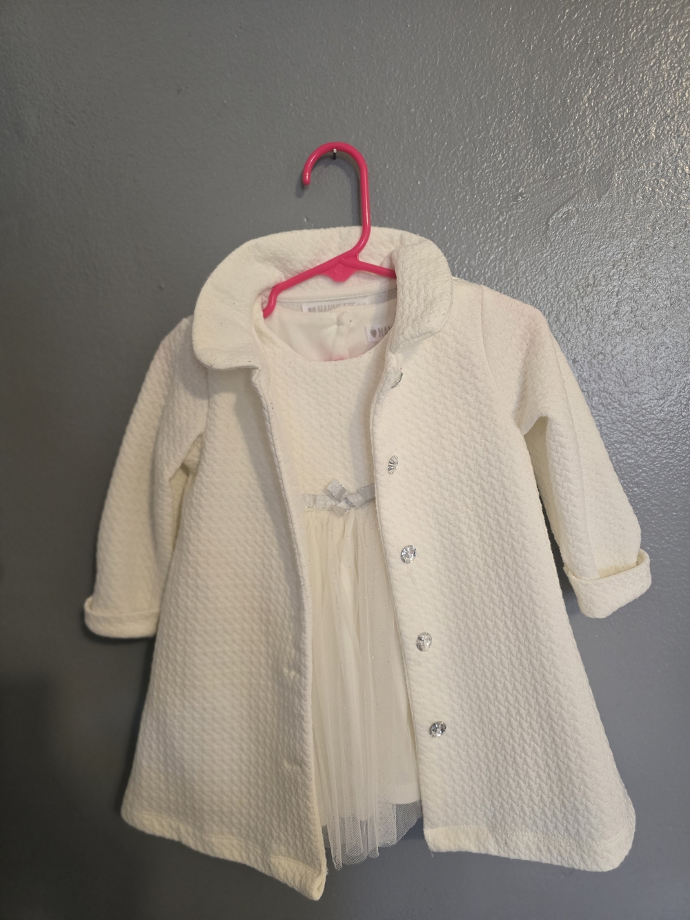 Girls' Cream Textured Coat with Tulle Dress Overlay